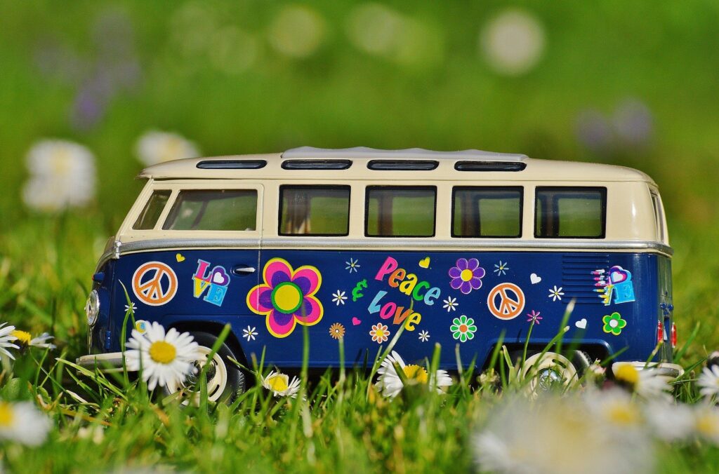 a blue van with flowers on it