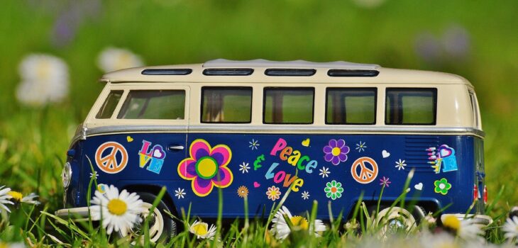 a blue van with flowers on it