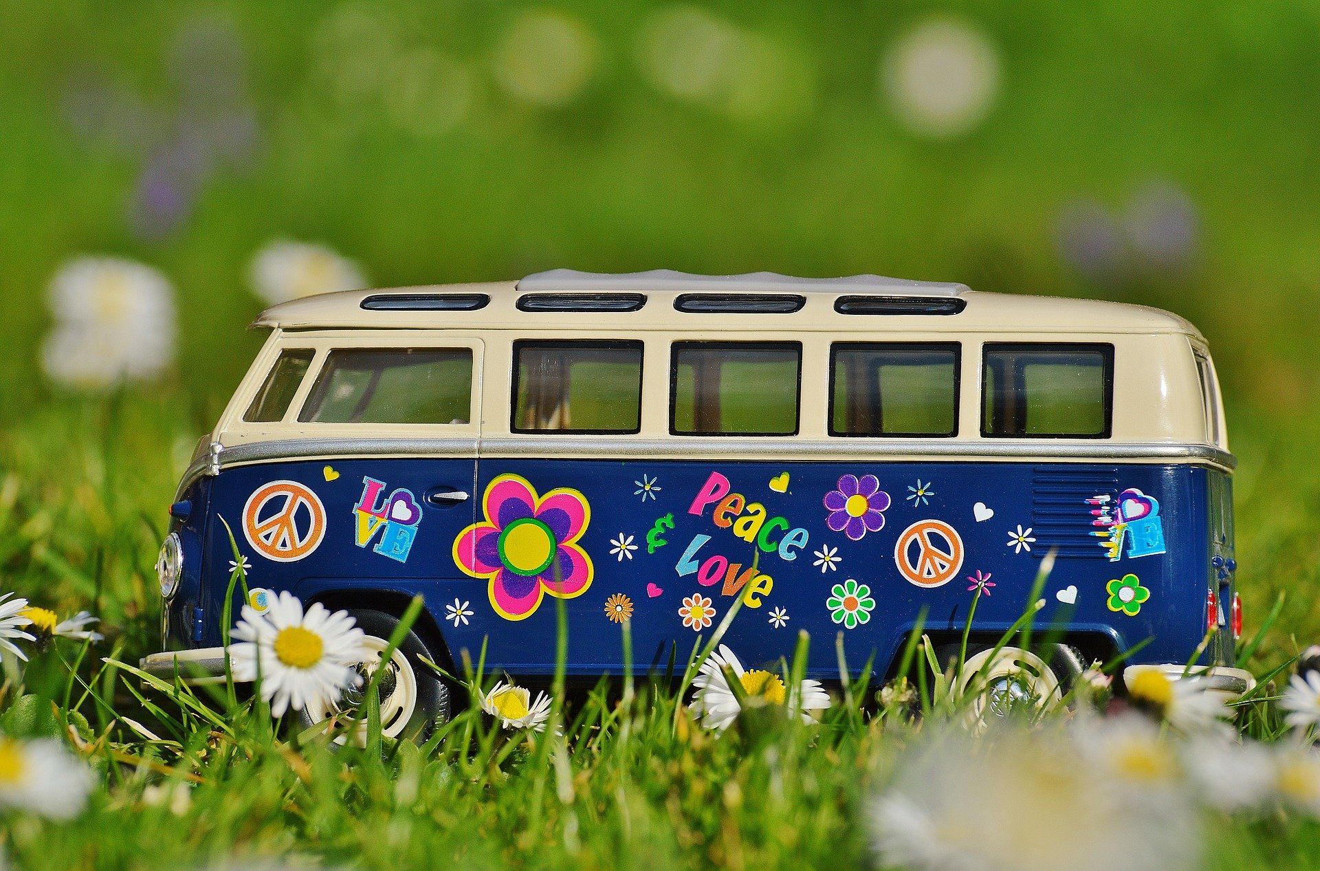a blue van with flowers on it